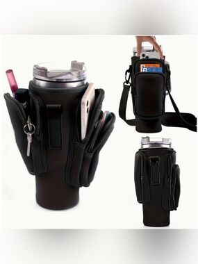 Black Tumbler Carrier with Adjustable Straps and Pockets